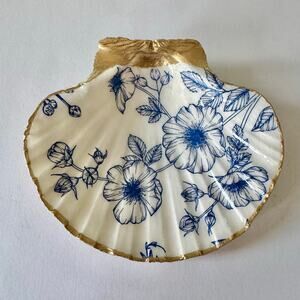 Blue Floral Botanical Seashell Trinket Jewelry Dish